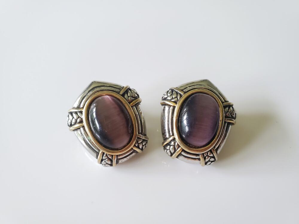 Vintage Silver and Purple Stone Oval Clip On Earrings